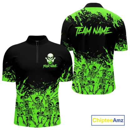 Black And Green Funny Skeleton Bowling Shirts For Men Custom Skull Bowling League Team Jersey TDM7253