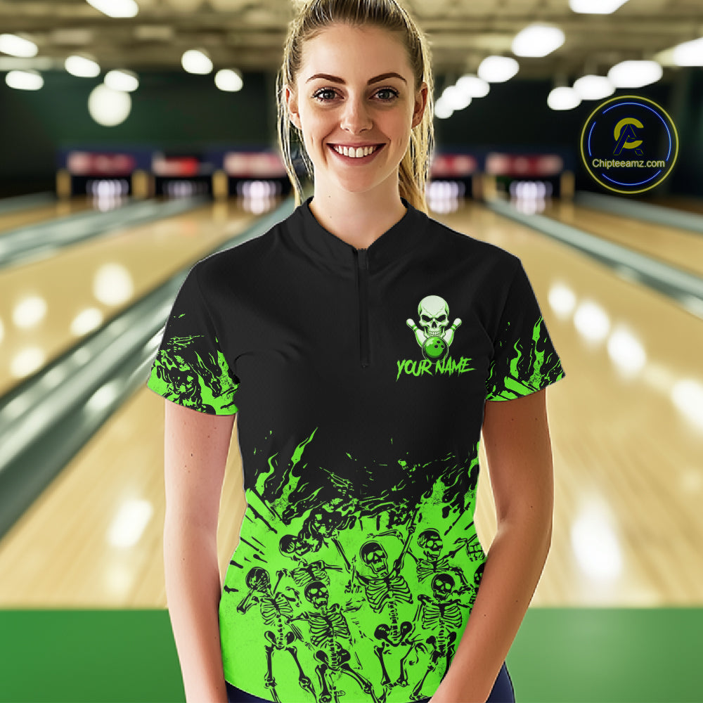 Black And Green Funny Skeleton Bowling Shirts For Women Custom Skull Bowling League Team Jersey TDM7253
