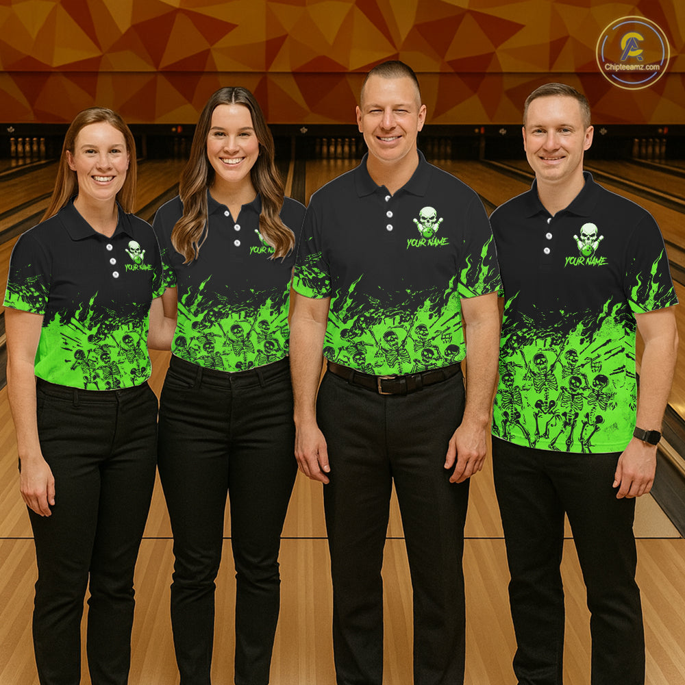 Black And Green Funny Skeleton Bowling Shirts For Men Custom Skull Bowling League Team Jersey TDM7253