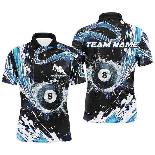 Personalized 8 Ball Billiard Blue Waves 3D All Over Print Polo Shirts For Men, Pool Lover Shirts TDM0112