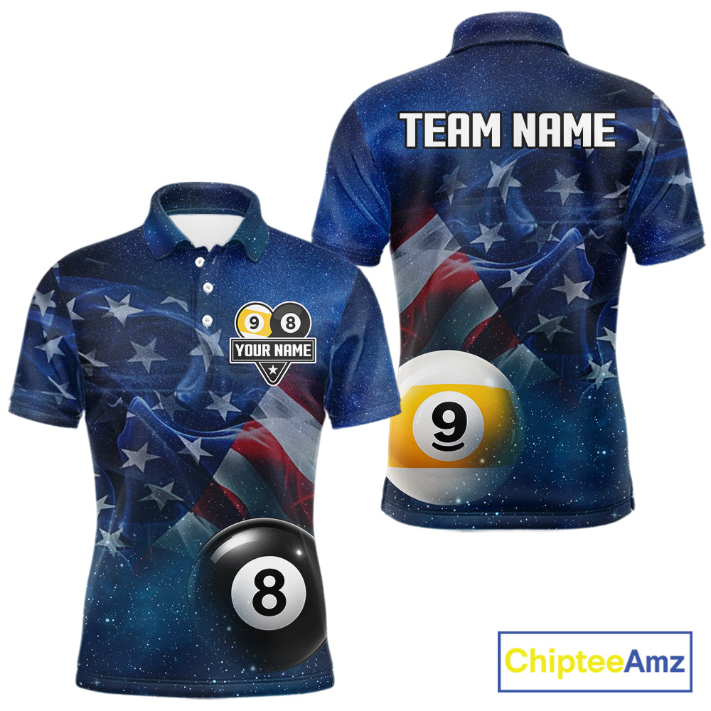 American Flag Blue Galaxy 8 Ball & 9 Ball Billiard Shirt For Men Custom Patriotic Pool Team Jersey TDM7507