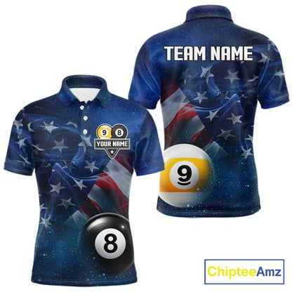 American Flag Blue Galaxy 8 Ball & 9 Ball Billiard Shirt For Men Custom Patriotic Pool Team Jersey TDM7507