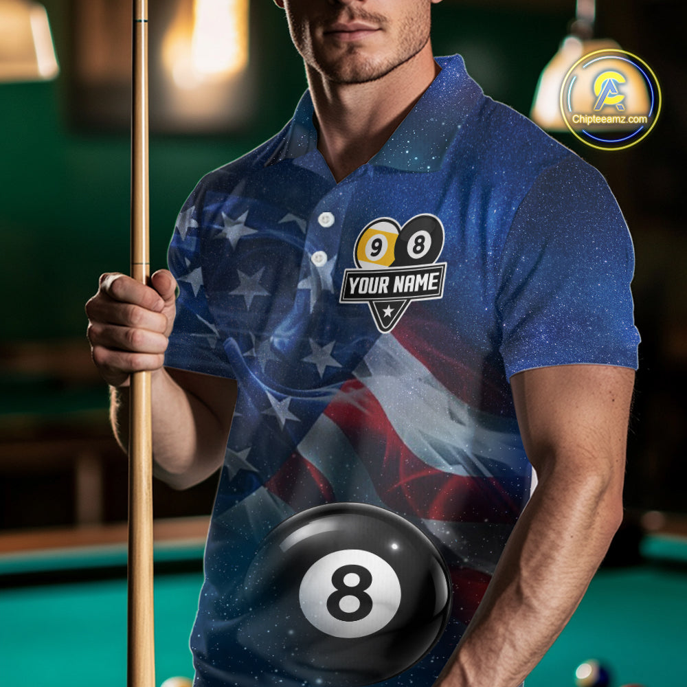 American Flag Blue Galaxy 8 Ball & 9 Ball Billiard Shirt For Men Custom Patriotic Pool Team Jersey TDM7507