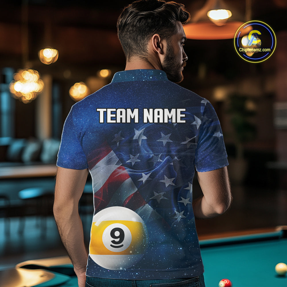 American Flag Blue Galaxy 8 Ball & 9 Ball Billiard Shirt For Men Custom Patriotic Pool Team Jersey TDM7507
