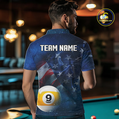 American Flag Blue Galaxy 8 Ball & 9 Ball Billiard Shirt For Men Custom Patriotic Pool Team Jersey TDM7507