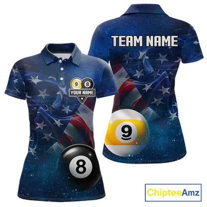American Flag Blue Galaxy 8 Ball & 9 Ball Billiard Shirt For Women Custom Patriotic Pool Team Jersey TDM7507