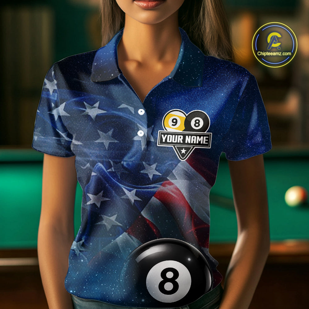 American Flag Blue Galaxy 8 Ball & 9 Ball Billiard Shirt For Women Custom Patriotic Pool Team Jersey TDM7507