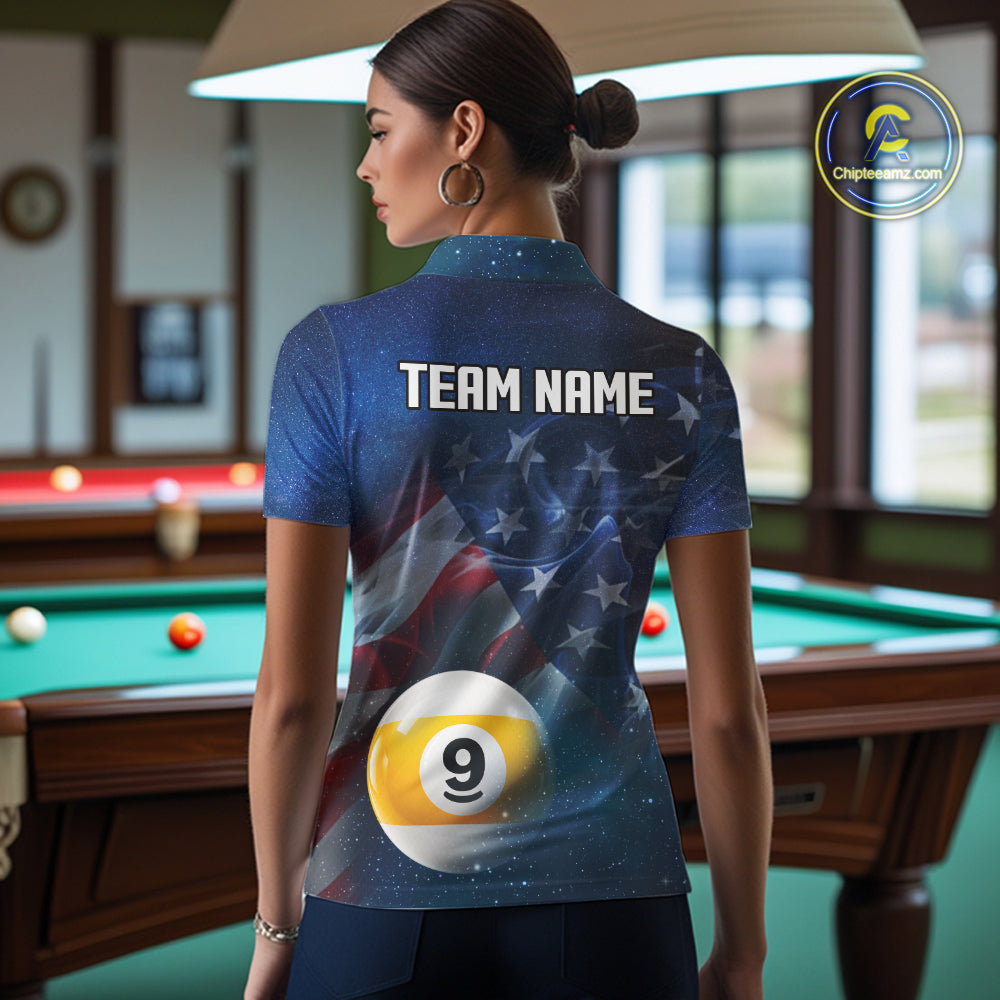 American Flag Blue Galaxy 8 Ball & 9 Ball Billiard Shirt For Women Custom Patriotic Pool Team Jersey TDM7507