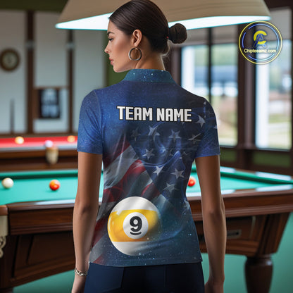 American Flag Blue Galaxy 8 Ball & 9 Ball Billiard Shirt For Women Custom Patriotic Pool Team Jersey TDM7507