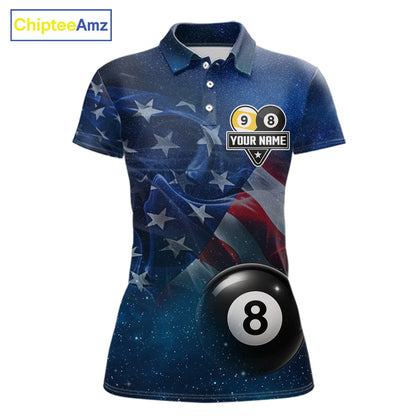 American Flag Blue Galaxy 8 Ball & 9 Ball Billiard Shirt For Women Custom Patriotic Pool Team Jersey TDM7507