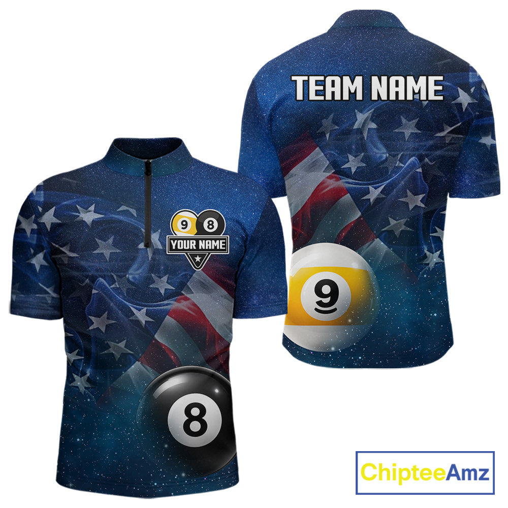 American Flag Blue Galaxy 8 Ball & 9 Ball Billiard Shirt For Men Custom Patriotic Pool Team Jersey TDM7507