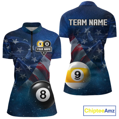 American Flag Blue Galaxy 8 Ball & 9 Ball Billiard Shirt For Women Custom Patriotic Pool Team Jersey TDM7507