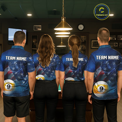 American Flag Blue Galaxy 8 Ball & 9 Ball Billiard Shirt For Men Custom Patriotic Pool Team Jersey TDM7507