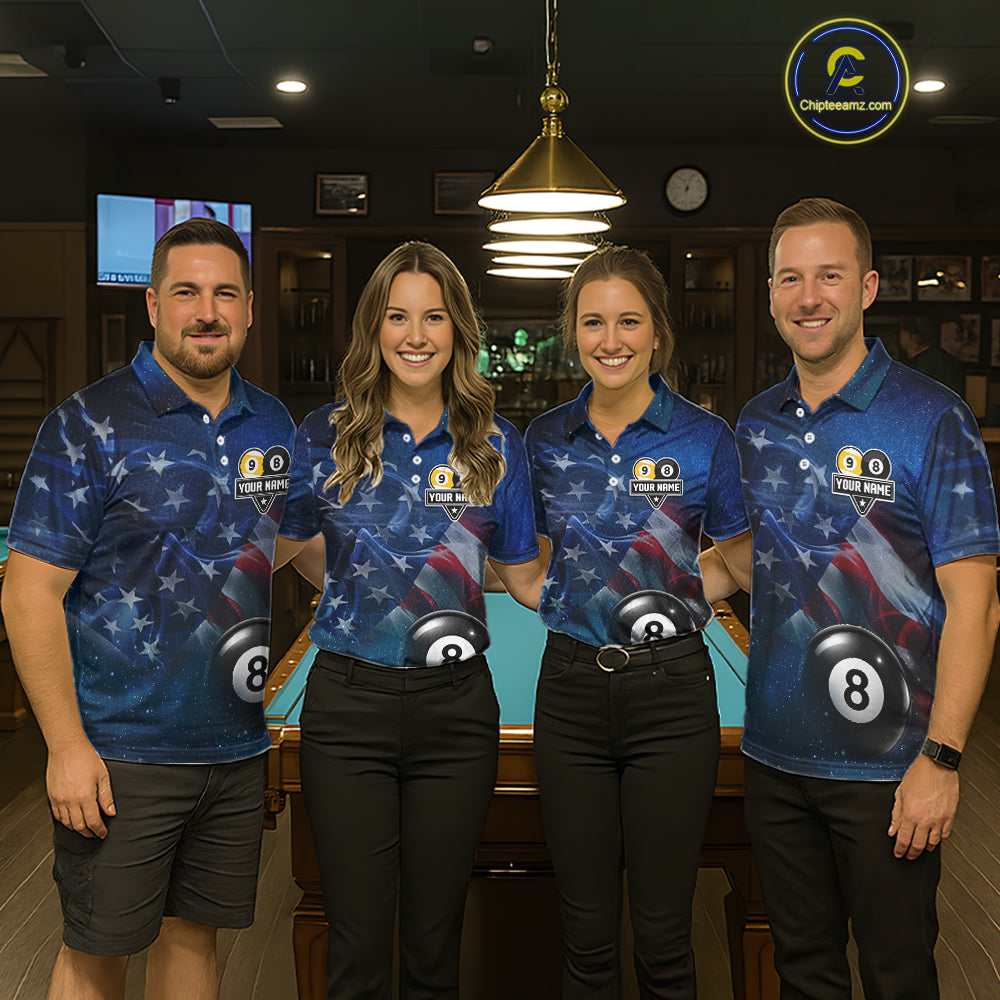 American Flag Blue Galaxy 8 Ball & 9 Ball Billiard Shirt For Men Custom Patriotic Pool Team Jersey TDM7507