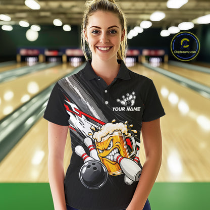 Funny Beer Bowling Jersey For Women Custom Black Bowling Drinking Team Shirts Polo & 1/4 Zip | Red TDM7877