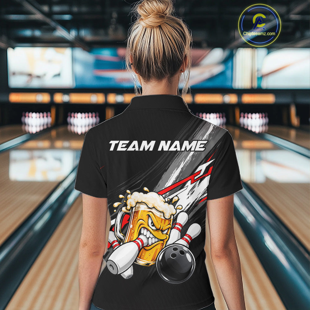 Funny Beer Bowling Jersey For Women Custom Black Bowling Drinking Team Shirts Polo & 1/4 Zip | Red TDM7877