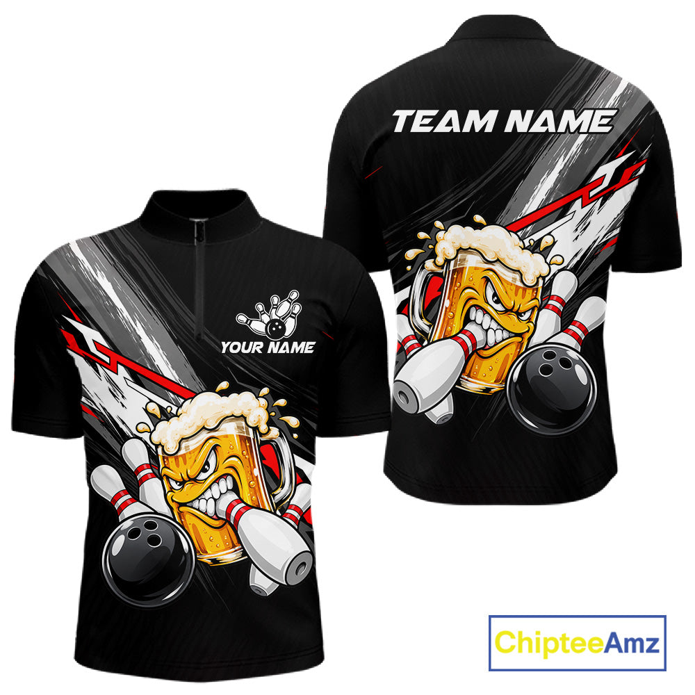 Funny Beer Bowling Jersey For Men Custom Black Bowling Drinking Team Shirts Polo & 1/4 Zip | Red TDM7877