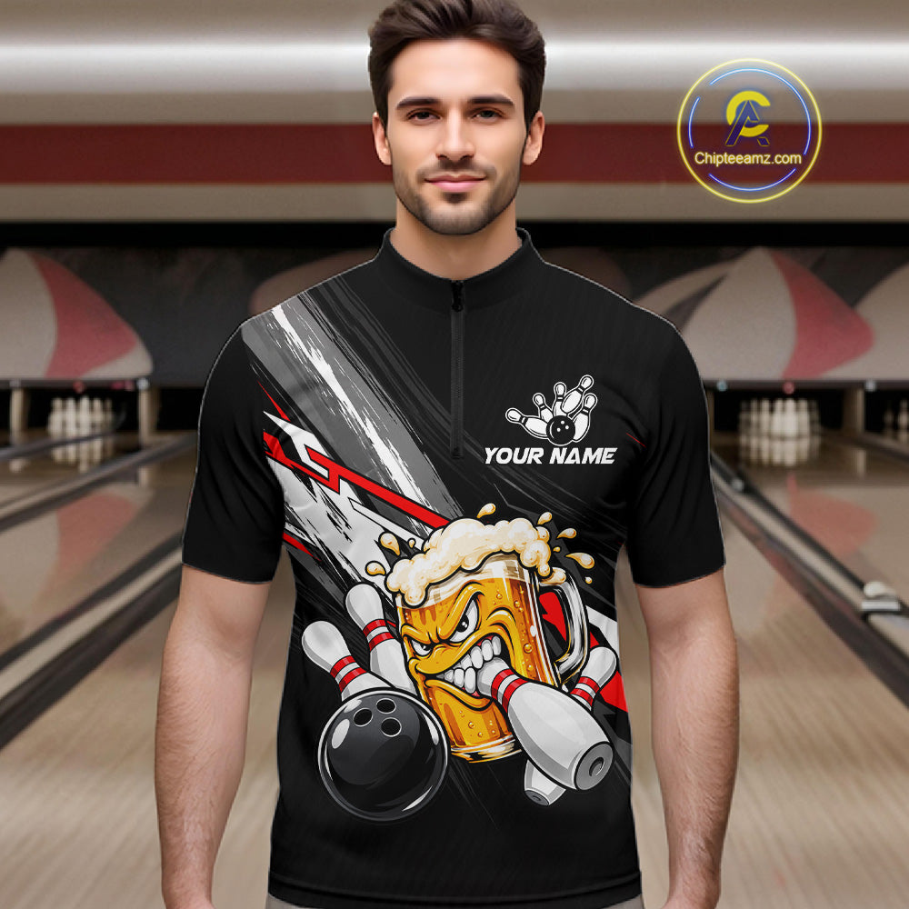 Funny Beer Bowling Jersey For Men Custom Black Bowling Drinking Team Shirts Polo & 1/4 Zip | Red TDM7877