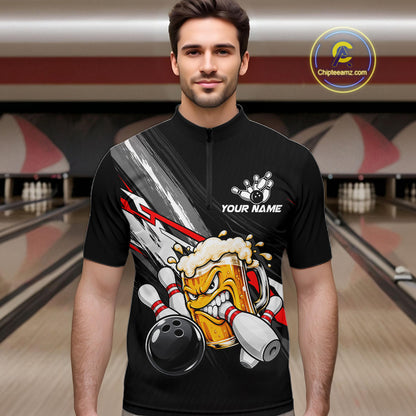 Funny Beer Bowling Jersey For Men Custom Black Bowling Drinking Team Shirts Polo & 1/4 Zip | Red TDM7877