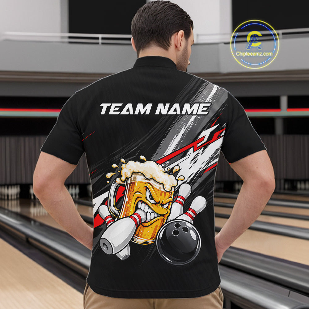 Funny Beer Bowling Jersey For Men Custom Black Bowling Drinking Team Shirts Polo & 1/4 Zip | Red TDM7877