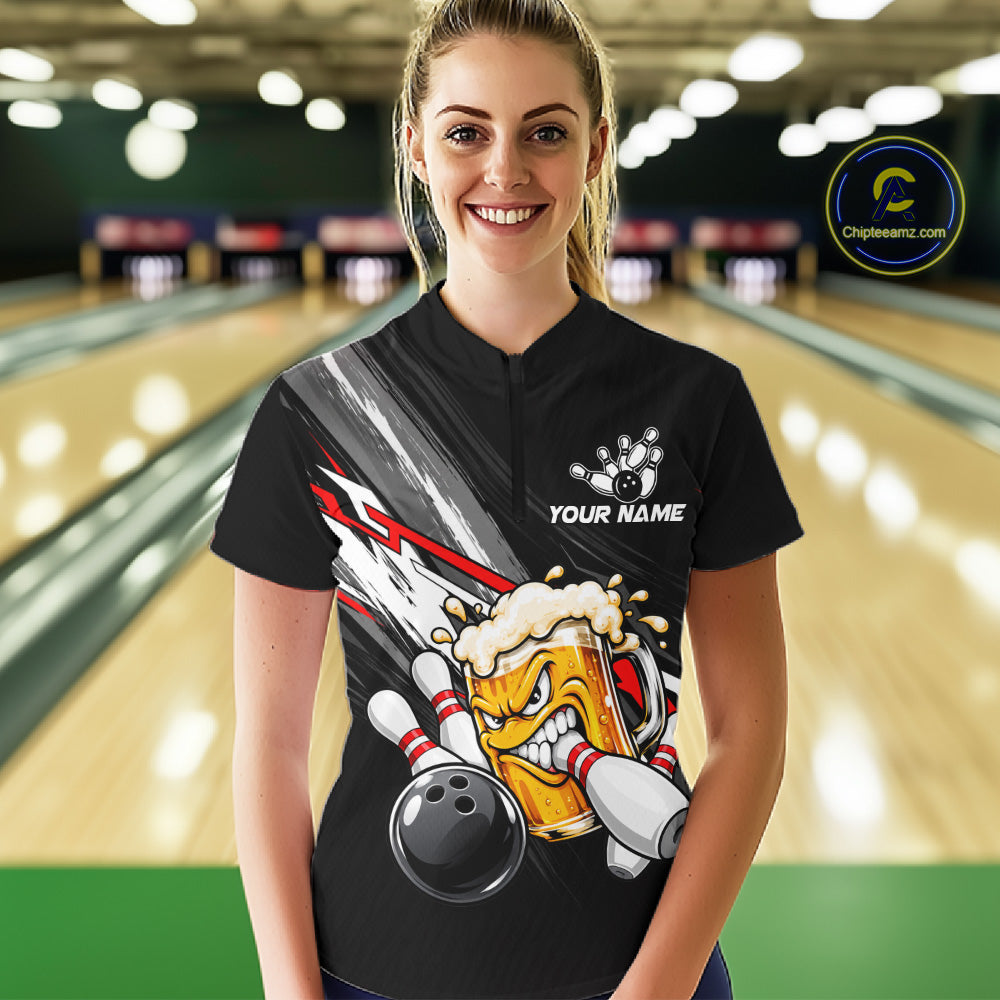 Funny Beer Bowling Jersey For Women Custom Black Bowling Drinking Team Shirts Polo & 1/4 Zip | Red TDM7877