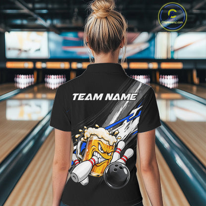 Funny Beer Bowling Jersey For Women Custom Black Bowling Drinking Team Shirts Polo & 1/4 Zip | Blue TDM7878
