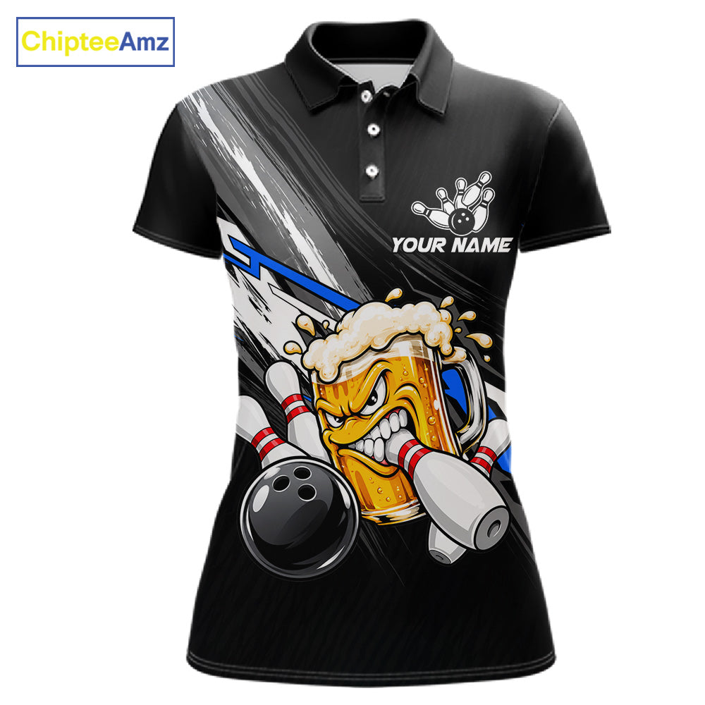 Funny Beer Bowling Jersey For Women Custom Black Bowling Drinking Team Shirts Polo & 1/4 Zip | Blue TDM7878