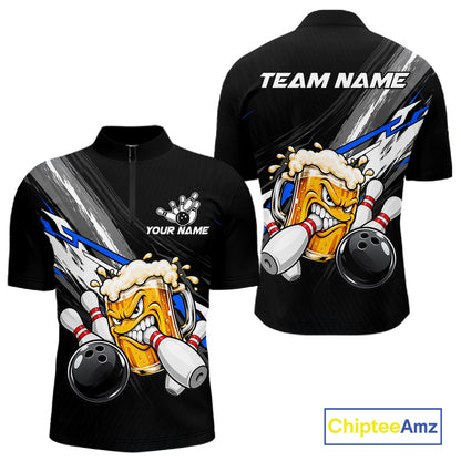 Funny Beer Bowling Jersey For Men Custom Black Bowling Drinking Team Shirts Polo & 1/4 Zip | Blue TDM7878