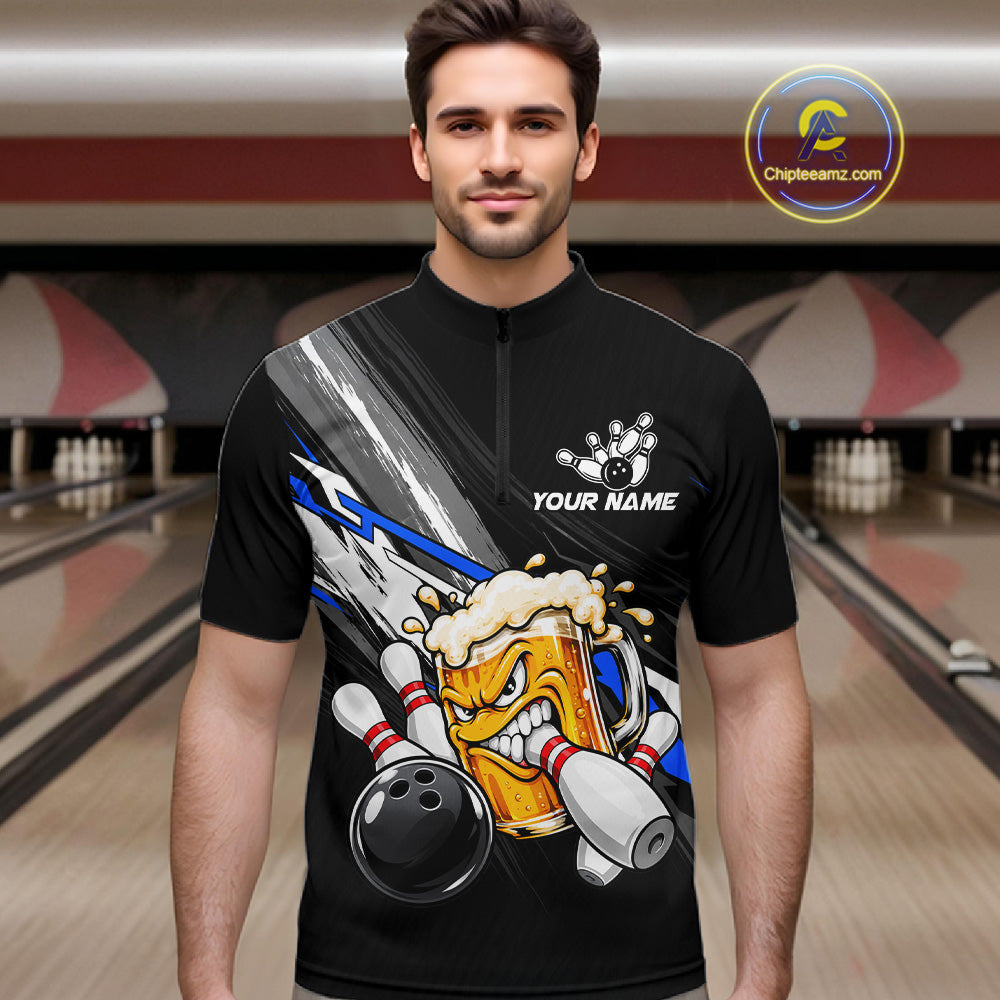 Funny Beer Bowling Jersey For Men Custom Black Bowling Drinking Team Shirts Polo & 1/4 Zip | Blue TDM7878