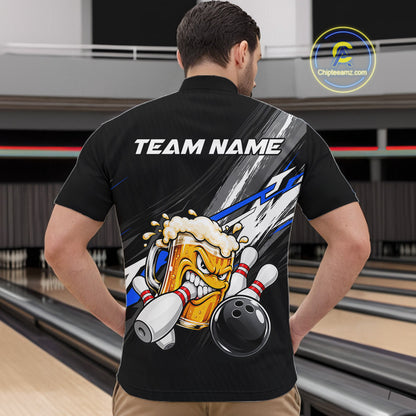 Funny Beer Bowling Jersey For Men Custom Black Bowling Drinking Team Shirts Polo & 1/4 Zip | Blue TDM7878