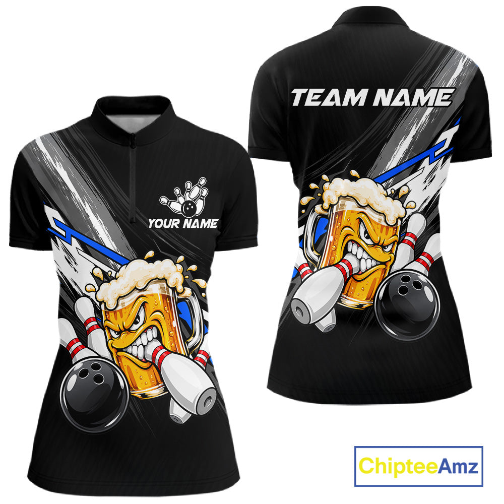 Funny Beer Bowling Jersey For Women Custom Black Bowling Drinking Team Shirts Polo & 1/4 Zip | Blue TDM7878