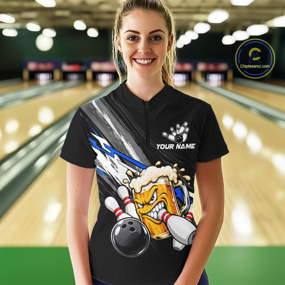 Funny Beer Bowling Jersey For Women Custom Black Bowling Drinking Team Shirts Polo & 1/4 Zip | Blue TDM7878