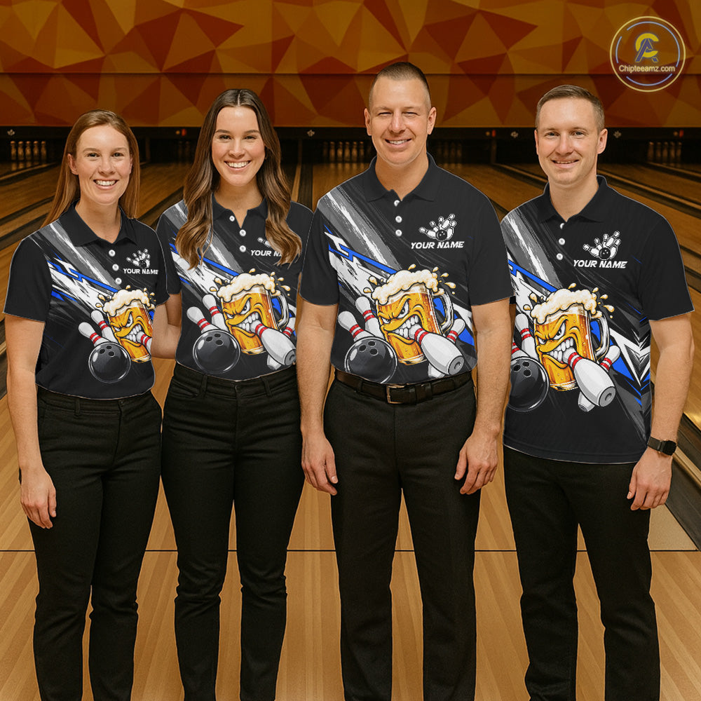Funny Beer Bowling Jersey For Men Custom Black Bowling Drinking Team Shirts Polo & 1/4 Zip | Blue TDM7878