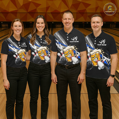 Funny Beer Bowling Jersey For Men Custom Black Bowling Drinking Team Shirts Polo & 1/4 Zip | Blue TDM7878