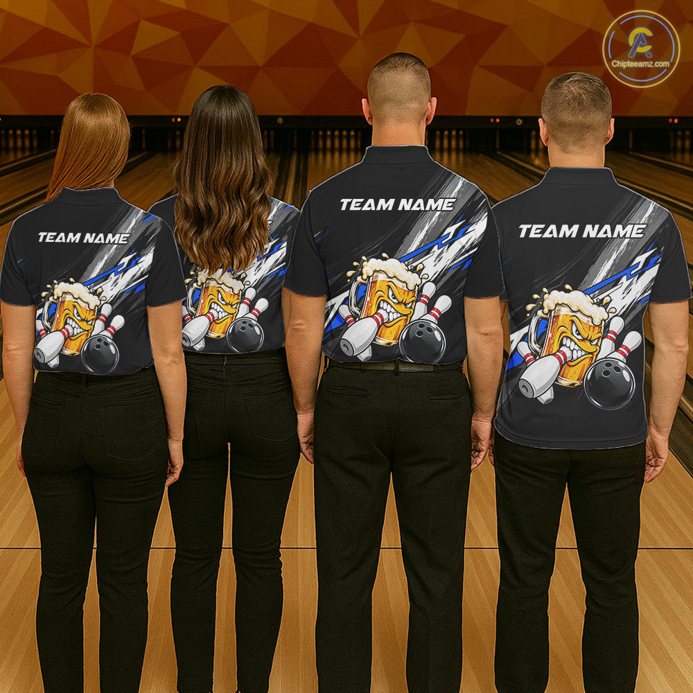 Funny Beer Bowling Jersey For Men Custom Black Bowling Drinking Team Shirts Polo & 1/4 Zip | Blue TDM7878