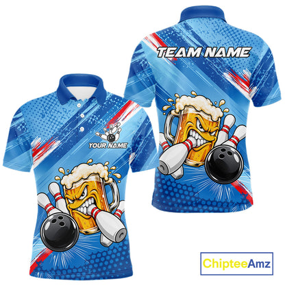 Blue Funny Beer Bowling Jersey For Men Custom Bowling League Bowling Team Shirts Polo & 1/4 Zip TDM7879