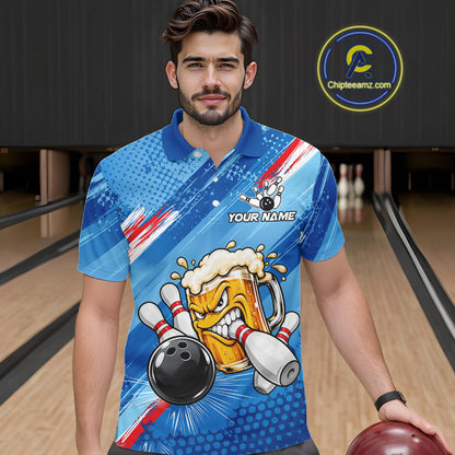 Blue Funny Beer Bowling Jersey For Men Custom Bowling League Bowling Team Shirts Polo & 1/4 Zip TDM7879