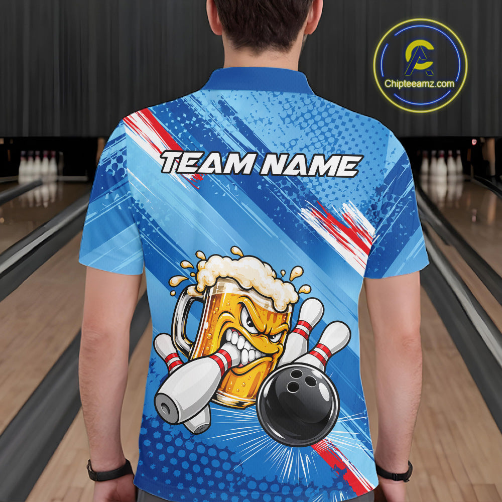 Blue Funny Beer Bowling Jersey For Men Custom Bowling League Bowling Team Shirts Polo & 1/4 Zip TDM7879