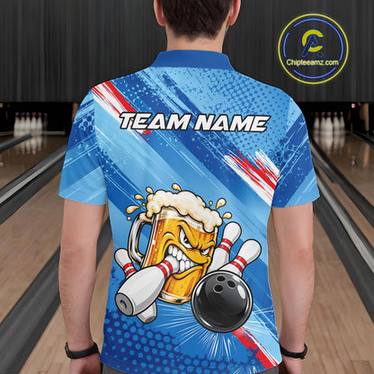 Blue Funny Beer Bowling Jersey For Men Custom Bowling League Bowling Team Shirts Polo & 1/4 Zip TDM7879