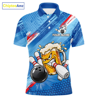 Blue Funny Beer Bowling Jersey For Men Custom Bowling League Bowling Team Shirts Polo & 1/4 Zip TDM7879