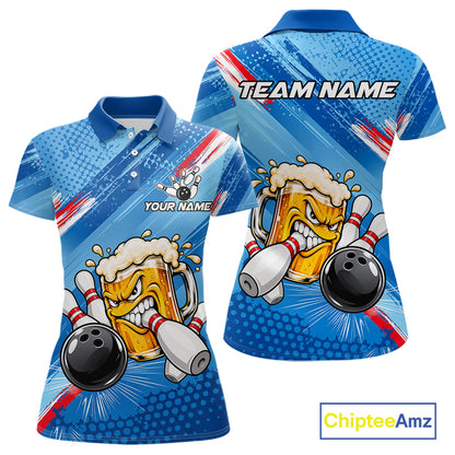 Blue Funny Beer Bowling Jersey For Women Custom Bowling League Bowling Team Shirts Polo & 1/4 Zip TDM7879