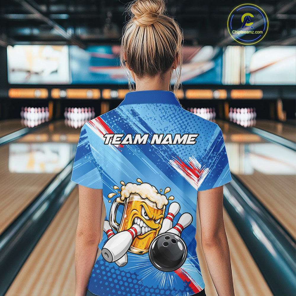 Blue Funny Beer Bowling Jersey For Women Custom Bowling League Bowling Team Shirts Polo & 1/4 Zip TDM7879