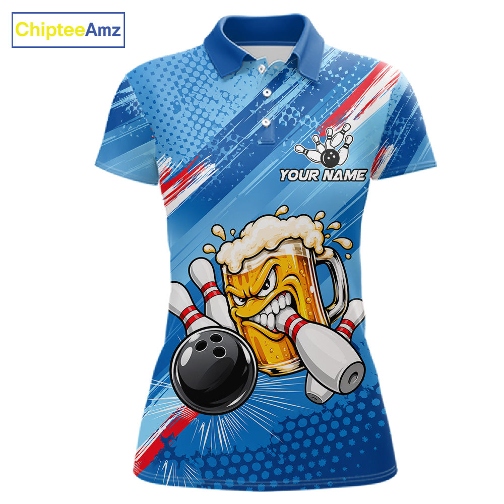 Blue Funny Beer Bowling Jersey For Women Custom Bowling League Bowling Team Shirts Polo & 1/4 Zip TDM7879