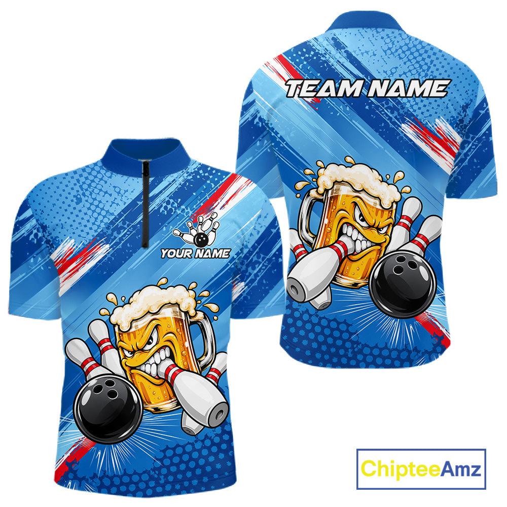 Blue Funny Beer Bowling Jersey For Men Custom Bowling League Bowling Team Shirts Polo & 1/4 Zip TDM7879