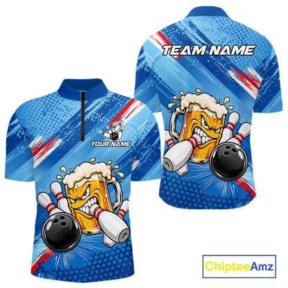 Blue Funny Beer Bowling Jersey For Men Custom Bowling League Bowling Team Shirts Polo & 1/4 Zip TDM7879