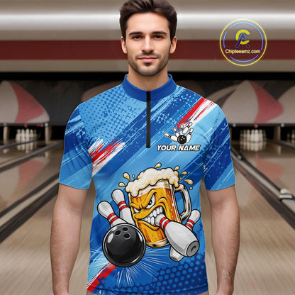 Blue Funny Beer Bowling Jersey For Men Custom Bowling League Bowling Team Shirts Polo & 1/4 Zip TDM7879