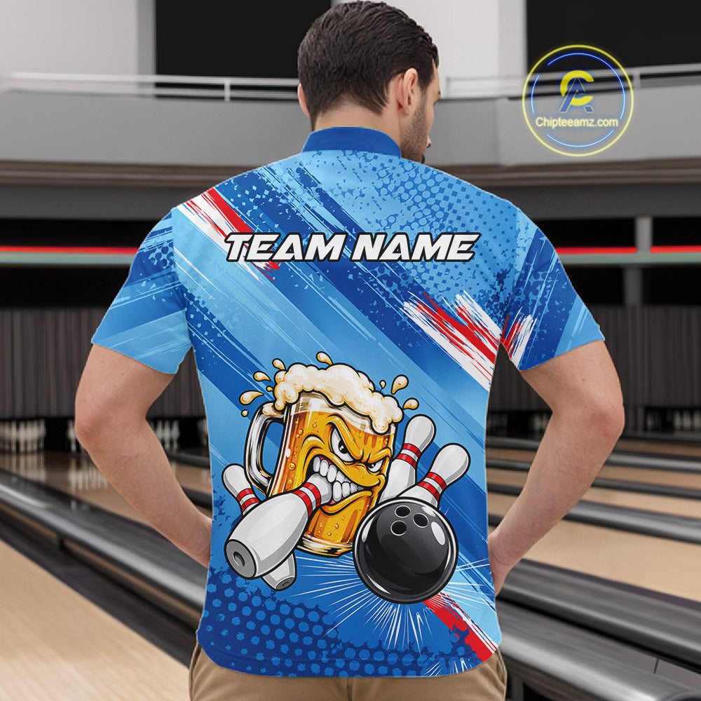 Blue Funny Beer Bowling Jersey For Men Custom Bowling League Bowling Team Shirts Polo & 1/4 Zip TDM7879