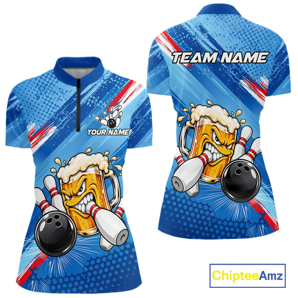 Blue Funny Beer Bowling Jersey For Women Custom Bowling League Bowling Team Shirts Polo & 1/4 Zip TDM7879