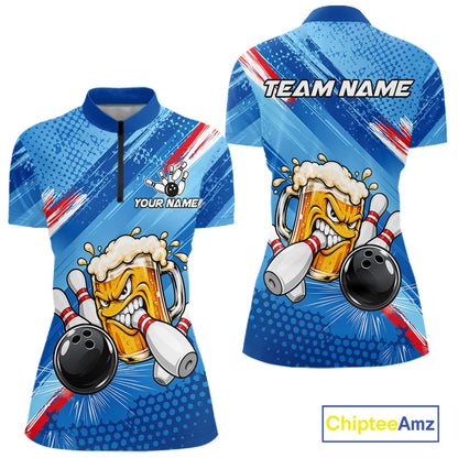 Blue Funny Beer Bowling Jersey For Women Custom Bowling League Bowling Team Shirts Polo & 1/4 Zip TDM7879