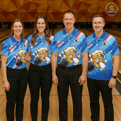 Blue Funny Beer Bowling Jersey For Men Custom Bowling League Bowling Team Shirts Polo & 1/4 Zip TDM7879